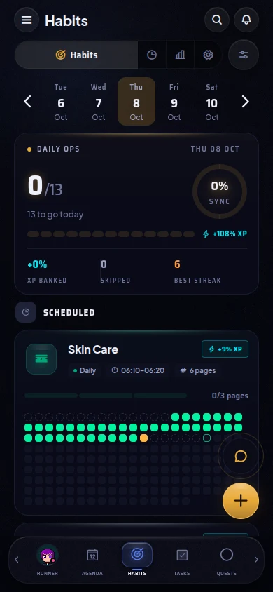 Habikai habits screen with today's progress and a streak grid