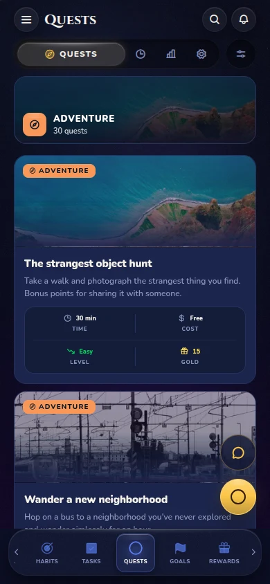Habikai quests screen with real-world adventures