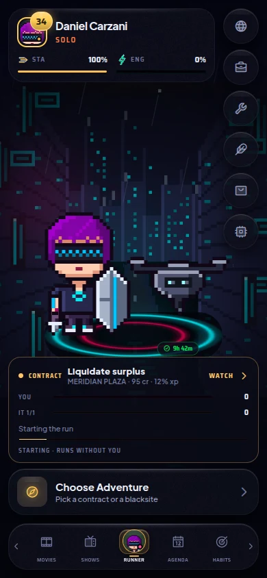 Habikai runner screen with a pixel character in the neon city