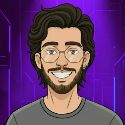Cartoon portrait of Alexandre Carzani smiling, with glasses and a beard, on a purple neon background