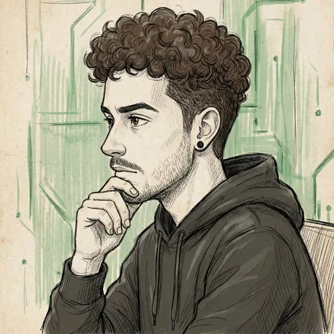 Hand-drawn sketch of Daniel Carzani in a black hoodie, resting his chin on his hand